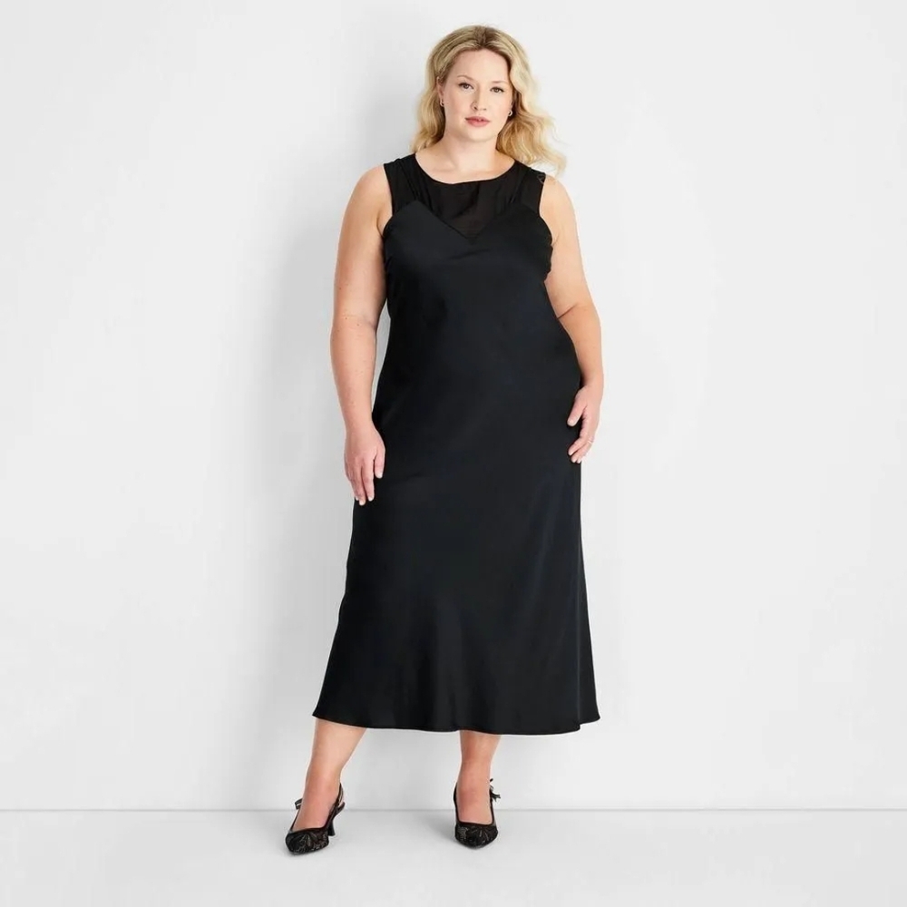 Black Midi Slip Dress with Mesh Yoke - Women's